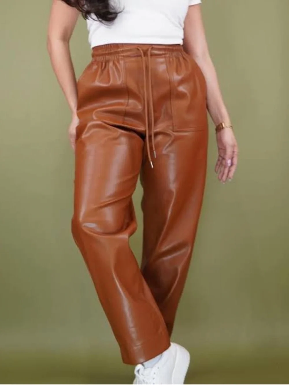 a new day Faux Leather Drawstring Wide Leg Pants in Cognac Brown